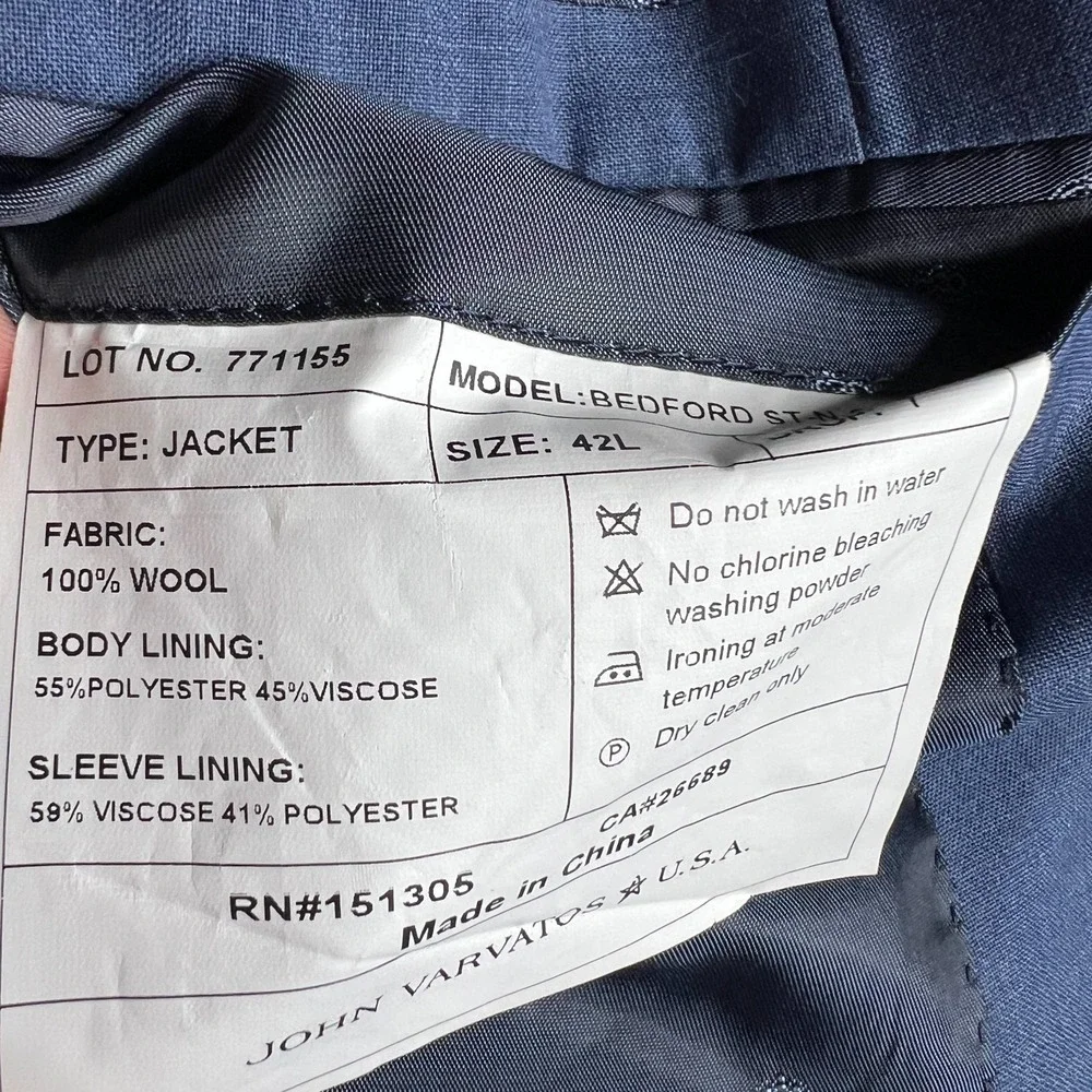 John Varvatos USA Mens Bedford 100% Wool Blazer Jacket Blue 42L 771155
